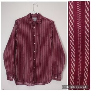 Vintage Lucky Brand Y2K Striped Long Sleeve Relaxed Button Up Shirt Burgundy Red
